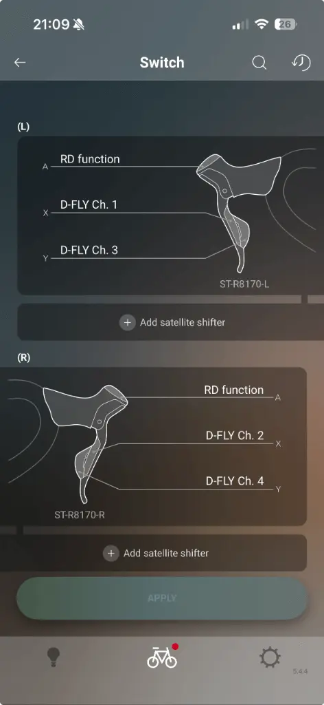 E-Tube Project app showing Di2 shifter switch configuration